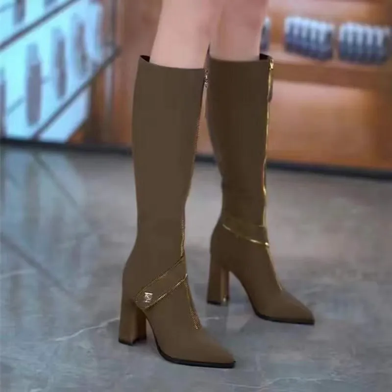 Black Friday Sale:50% OFFPointed Toe Chunky Heel Knee High Boots