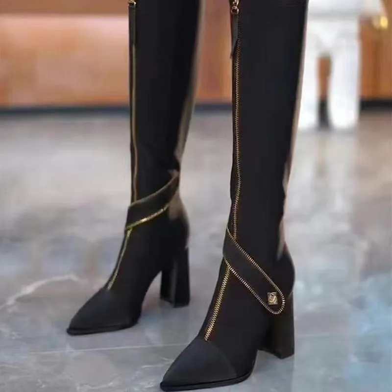 Black Friday Sale:50% OFFPointed Toe Chunky Heel Knee High Boots