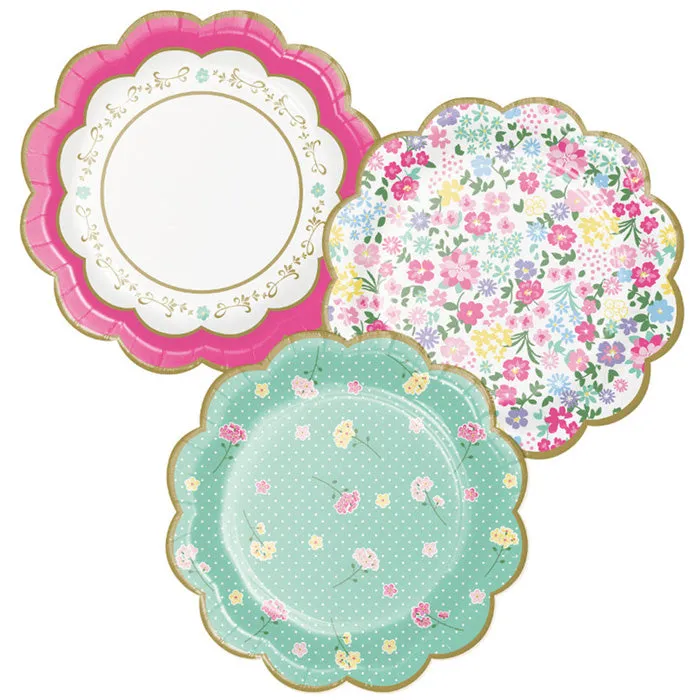 Bulk Floral Tea Party Scalloped Paper Dessert Plates (96 per Case)