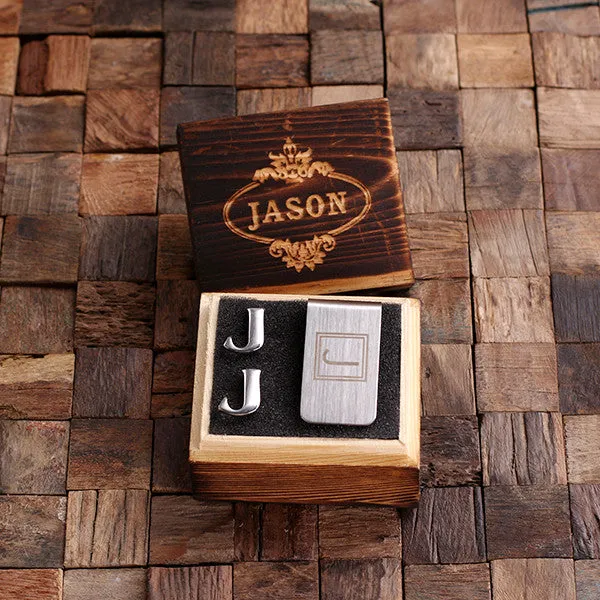 Letter Cufflinks and Money Clip Gift Set