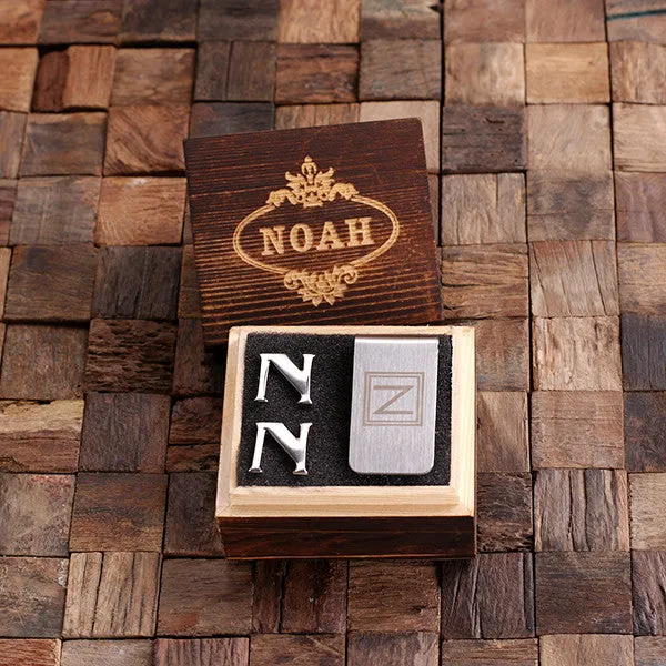 Letter Cufflinks and Money Clip Gift Set