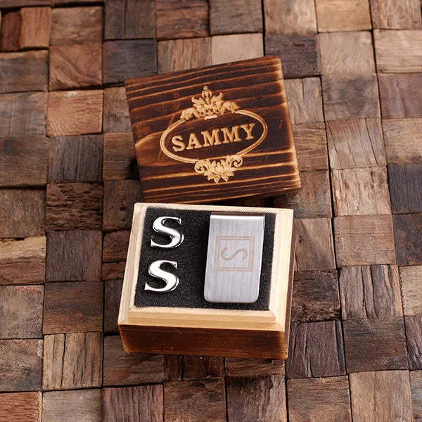 Letter Cufflinks and Money Clip Gift Set