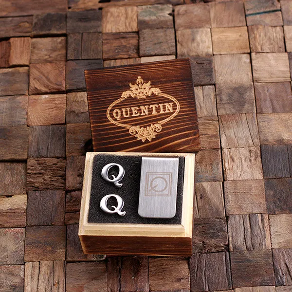 Letter Cufflinks and Money Clip Gift Set
