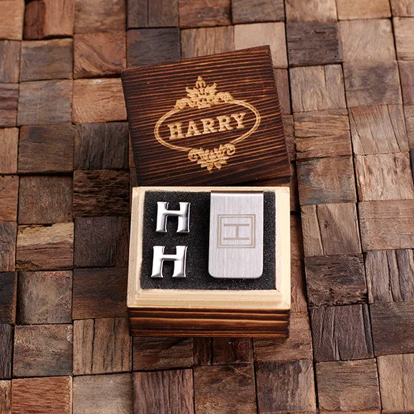 Letter Cufflinks and Money Clip Gift Set