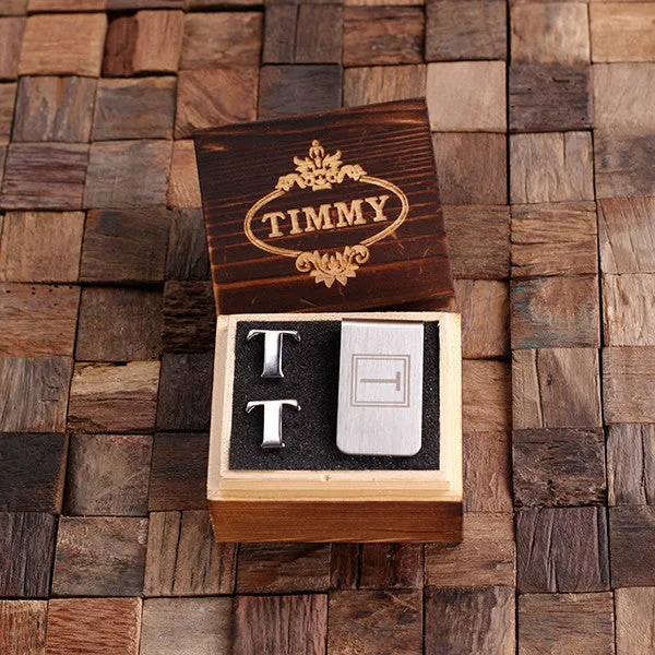 Letter Cufflinks and Money Clip Gift Set
