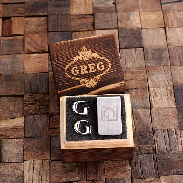 Letter Cufflinks and Money Clip Gift Set