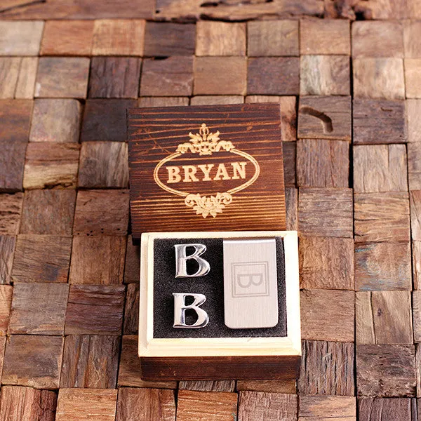 Letter Cufflinks and Money Clip Gift Set