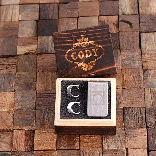 Letter Cufflinks and Money Clip Gift Set