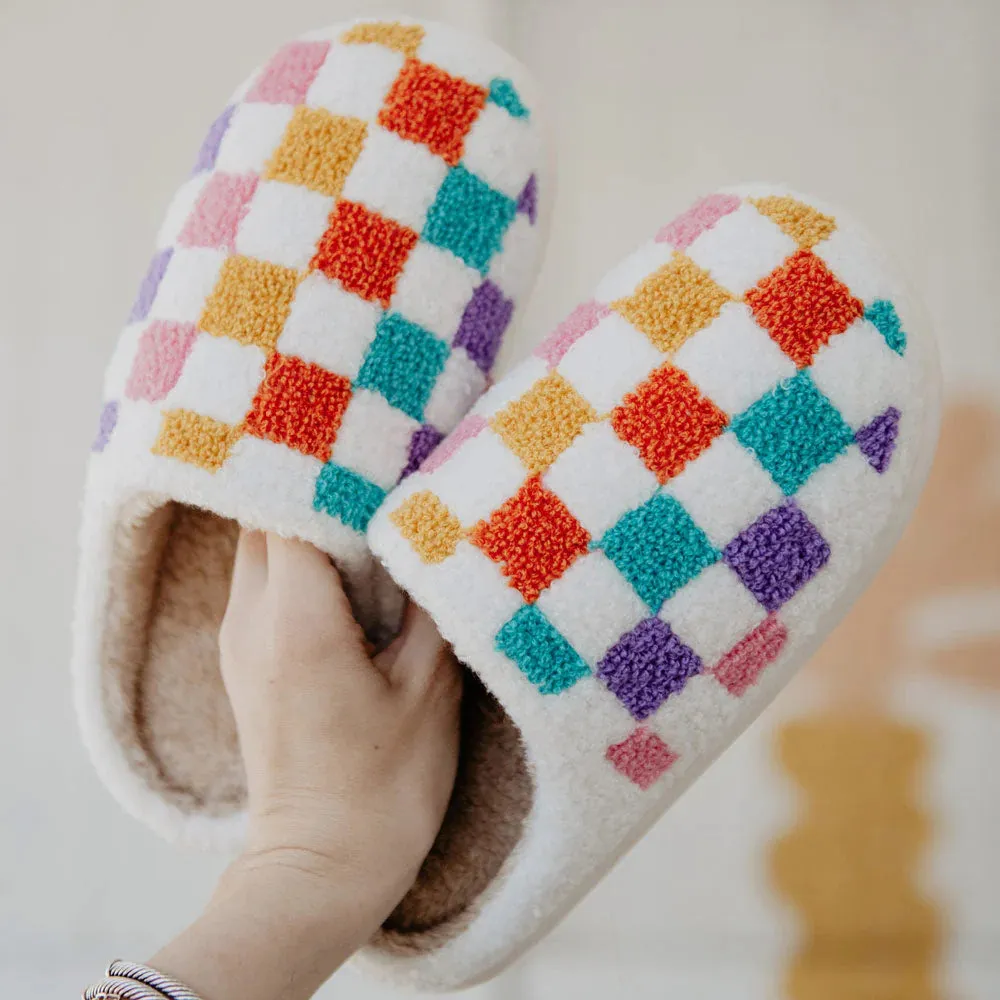 MULTICOLORED CHECKERED PATTERN SLIPPERS - WHITE