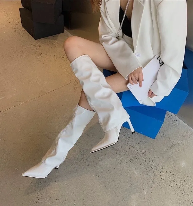 Women's Stylish Fold Over Boots, Fall Winter Spring Stiletto Heel Boots, Pointed Toe Black Leather Boots, Knee High Boots, Size 35 to 40