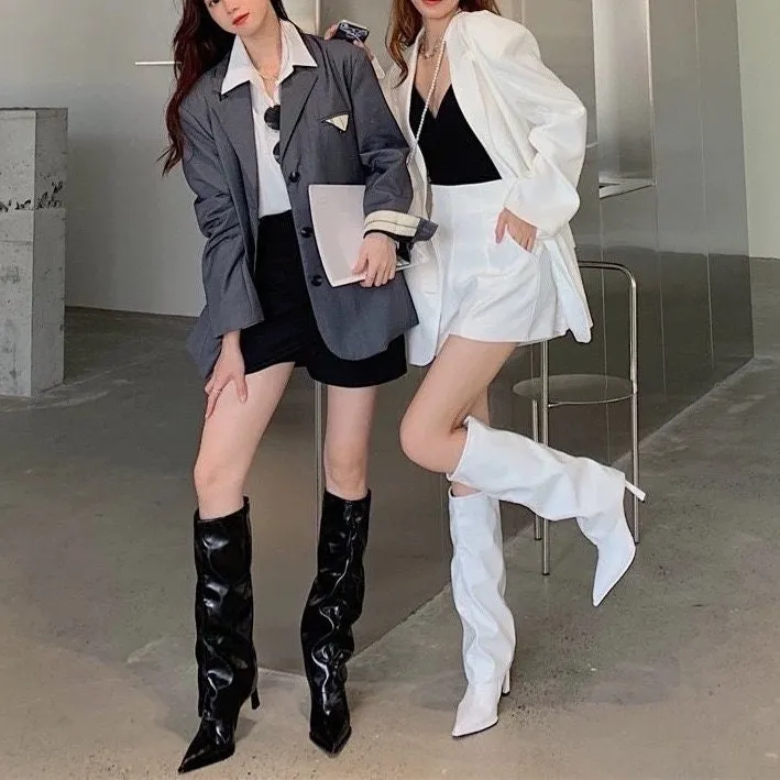 Women's Stylish Fold Over Boots, Fall Winter Spring Stiletto Heel Boots, Pointed Toe Black Leather Boots, Knee High Boots, Size 35 to 40