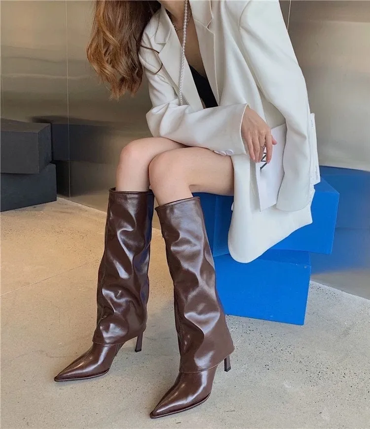 Women's Stylish Fold Over Boots, Fall Winter Spring Stiletto Heel Boots, Pointed Toe Black Leather Boots, Knee High Boots, Size 35 to 40